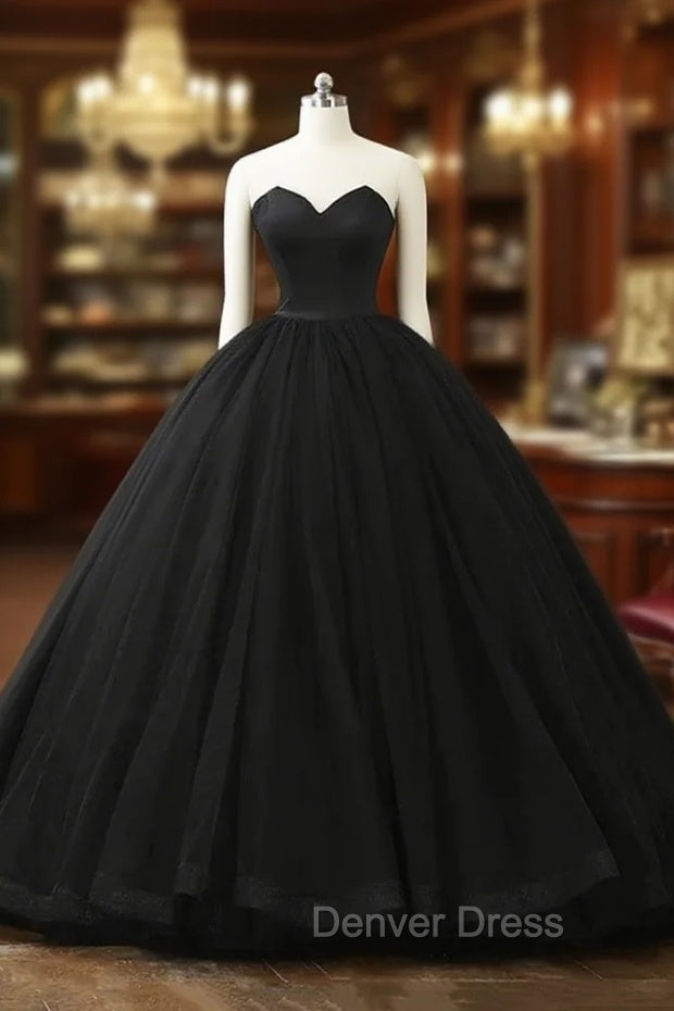 Black Tulle Sweetheart Ball Gowns Sweet 16 Dress, Black Long Prom Dresses