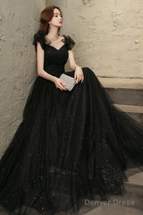 Black Tulle Sweetheart Long Party Dress, Black Beaded Tulle Formal Dress Prom Dress