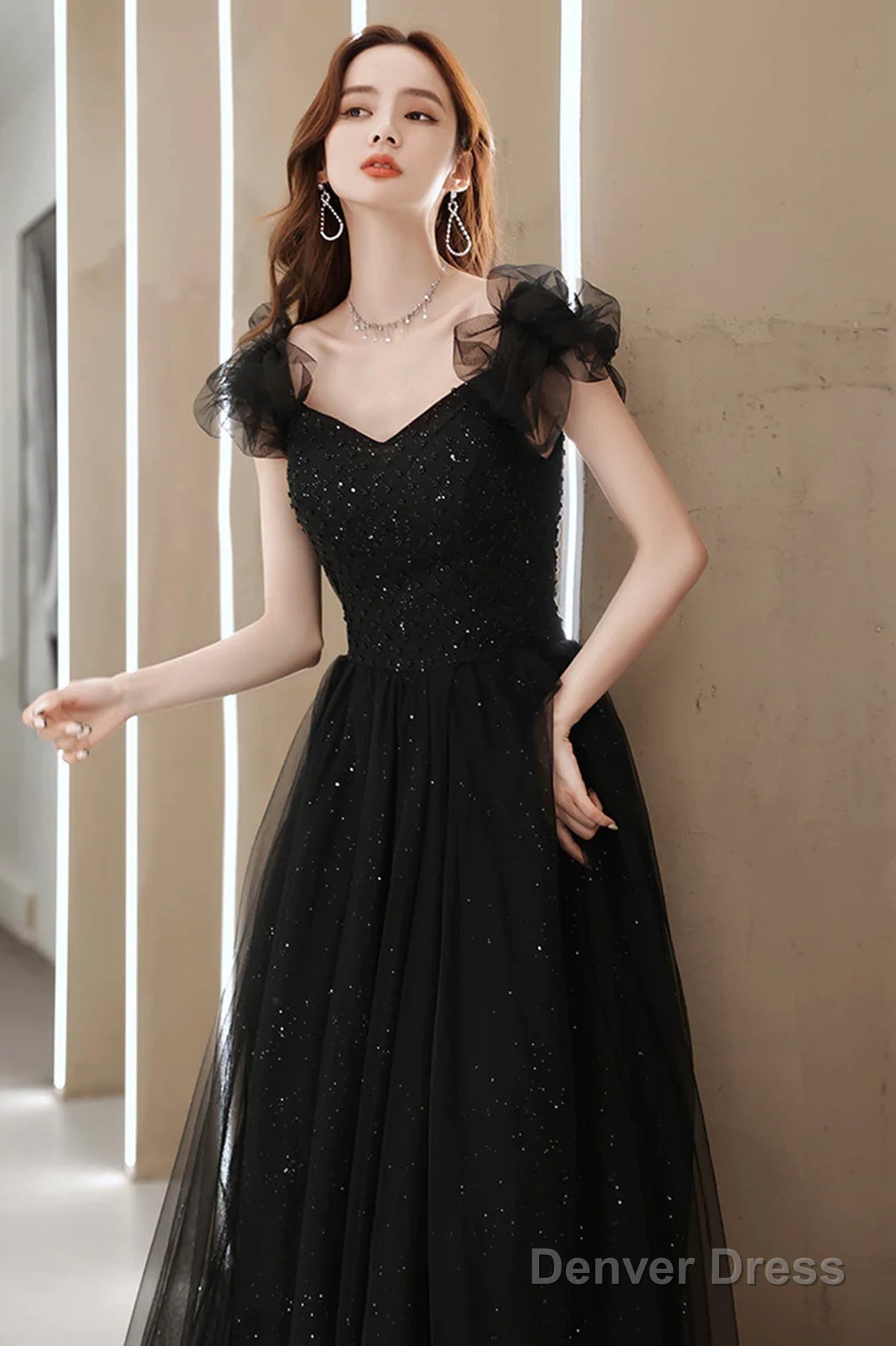 Black Tulle Sweetheart Long Party Dress, Black Beaded Tulle Formal Dress Prom Dress