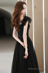 Black Tulle Sweetheart Long Party Dress, Black Beaded Tulle Formal Dress Prom Dress