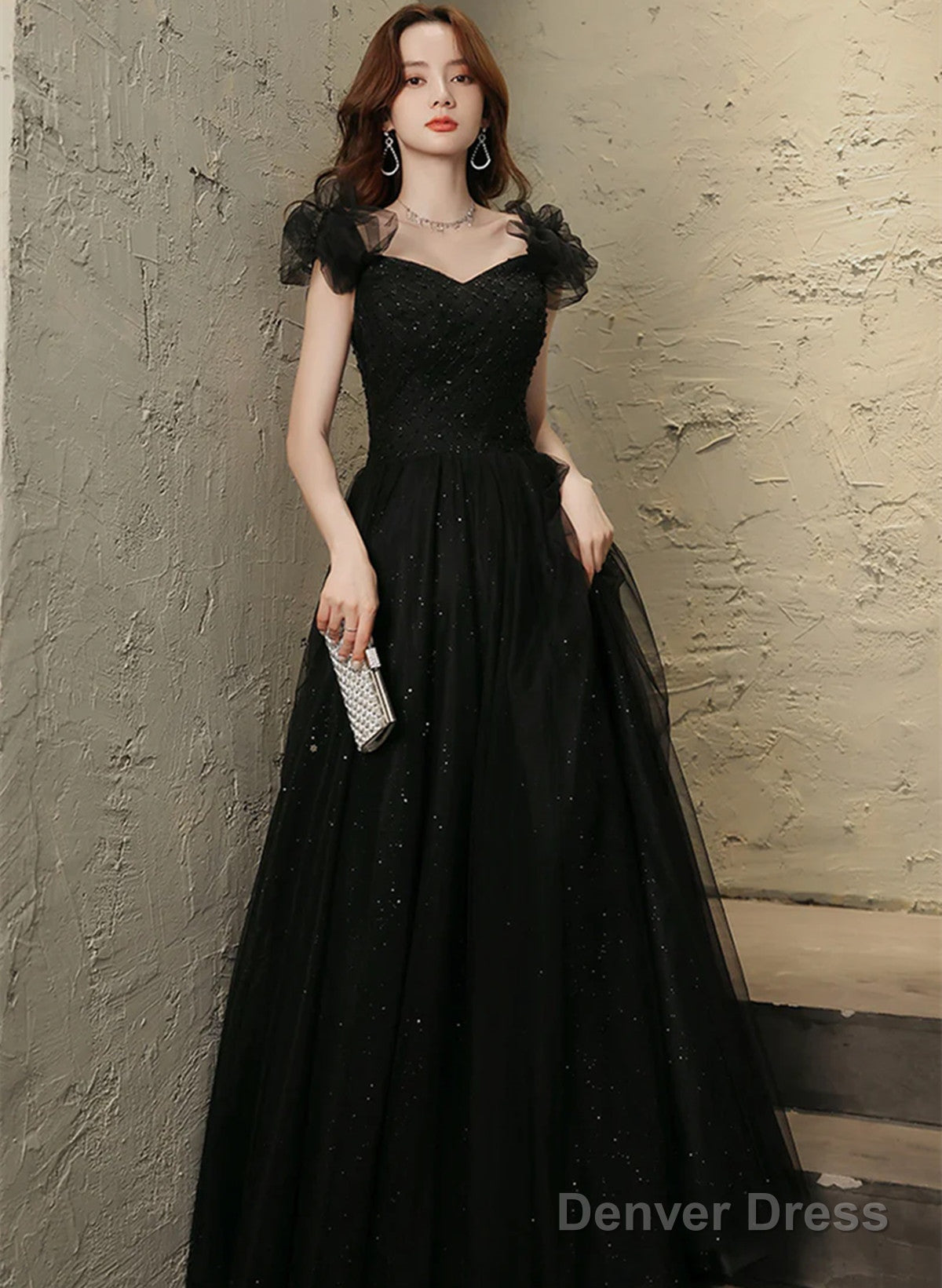 Black Tulle Sweetheart Long Party Dress, Black Beaded Tulle Formal Dress Prom Dress Main image