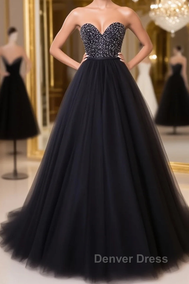 Black tulle sweetheart neck long prom Dress, black Prom Dresses