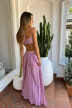 Purple Strapless Cut Out A-Line Long Prom Dresses