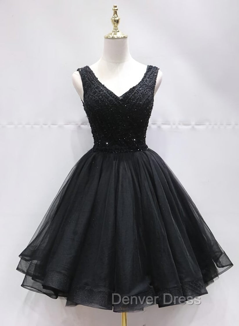 Black Tulle V Back Beaded Knee Length Homecoming Dresses, Black Short Party Dresses Secondary image