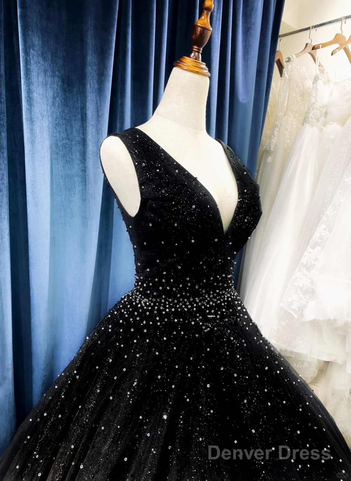 Black Tulle V Neckline Beaded Long Prom Dress, Black Tulle Prom Dresses