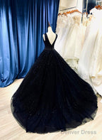 Black Tulle V-Neckline Beaded Long Evening Dress, Black Tulle Formal Dress