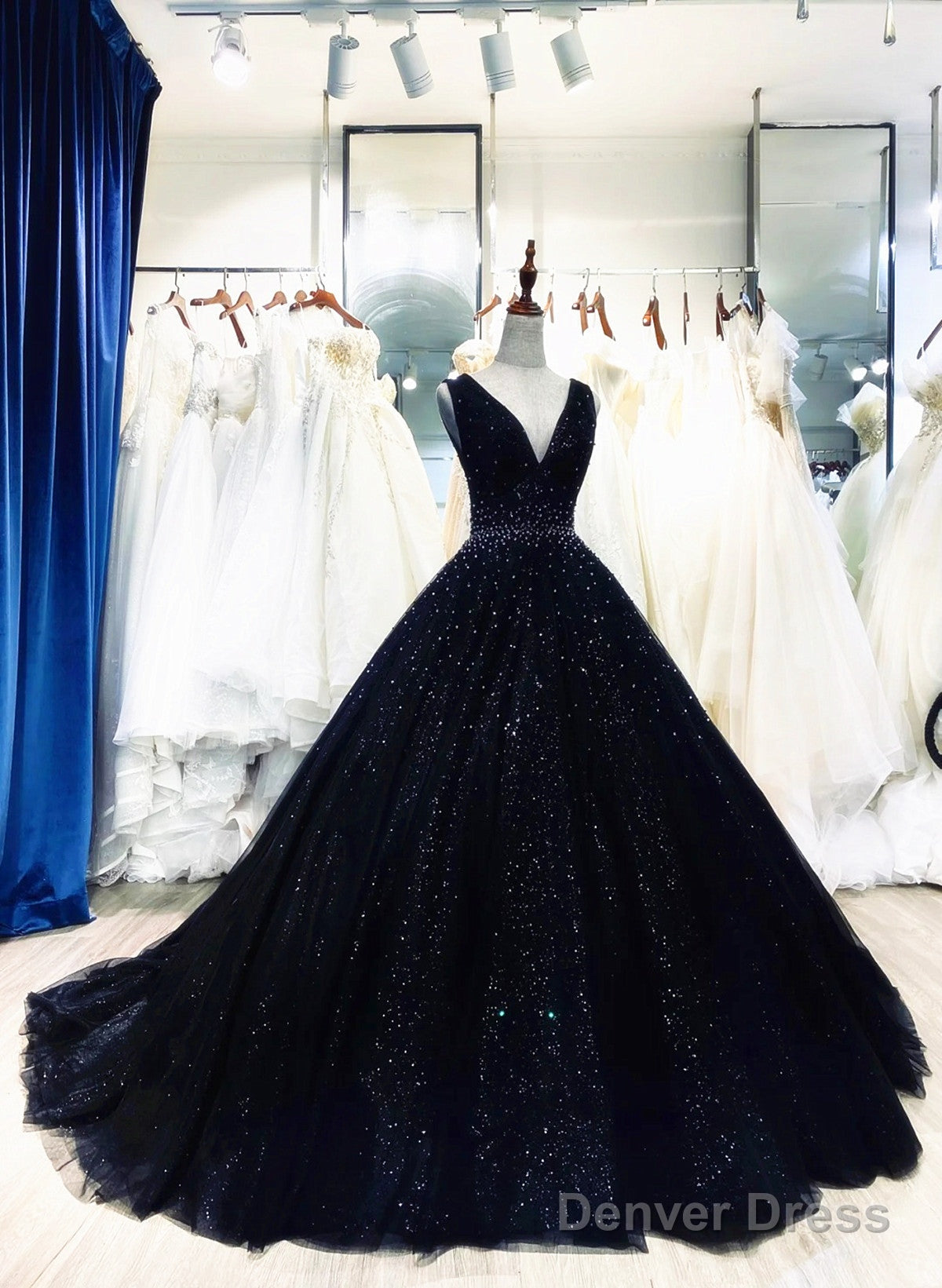 Black Tulle V-Neckline Beaded Long Evening Dress, Black Tulle Formal Dress