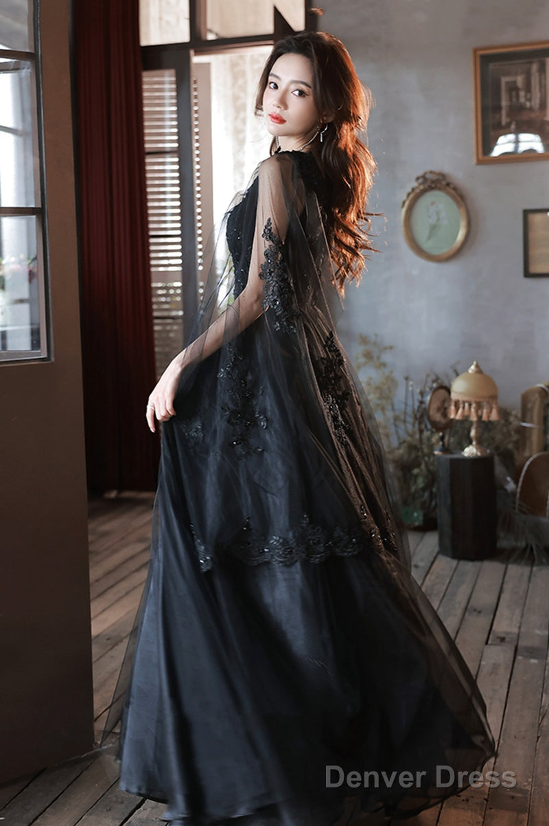 Black Tulle V-Neckline Party Dress With Lace Applique, Black A-Line Prom Dress