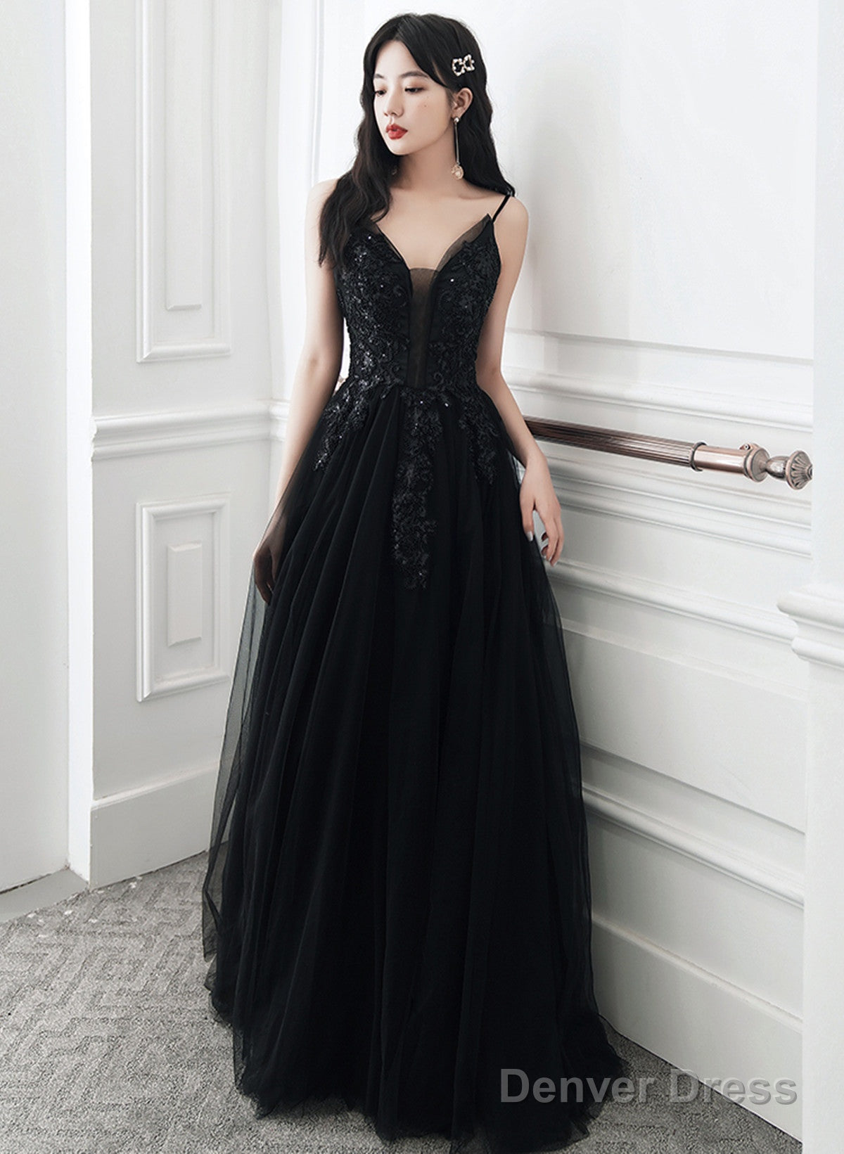 Black Tulle V-Neckline Straps Long Party Dress, Black Beaded Tulle Prom Dress Secondary image