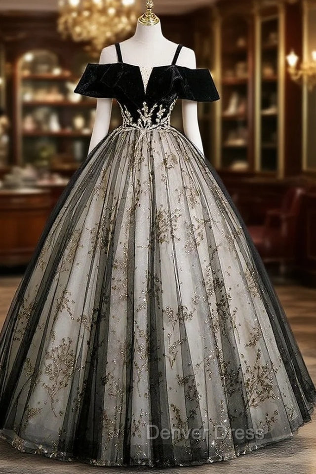 Black Tulle Velvet Sequins Straps Quinceanera Dresses Main image