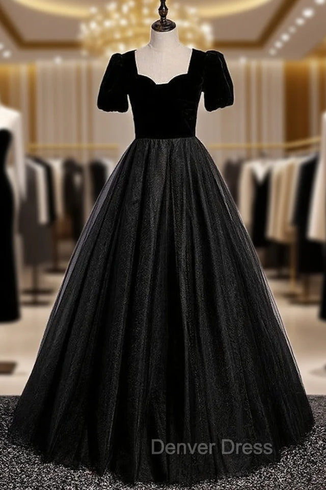 Black Tulle Velvet Short Sleeve Prom Dresses