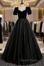 Black Tulle Velvet Short Sleeve Prom Dresses
