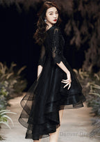 Black Tulle With Lace High Low Prom Dress, Black V-Neckline Homecoming Dresses