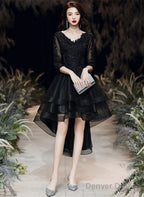 Black Tulle With Lace High Low Party Dress, Black V-Neckline Homecoming Dress
