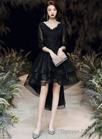 Black Tulle With Lace High Low Prom Dress, Black V-Neckline Homecoming Dresses