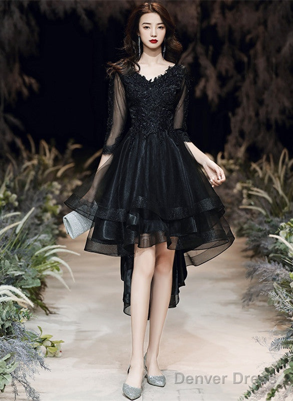 Black Tulle With Lace High Low Party Dress, Black V-Neckline Homecoming Dress