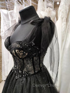 Black Tulle with Lace Straps Long Formal Dresses, Black Long Evening Dresses Prom Dresses