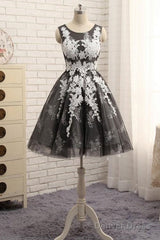 Black Tulle With White Lace Round Neckline Knee Length Homecoming Dresses, Cute Party Dresses