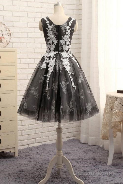 Black Tulle With White Lace Round Neckline Knee Length Homecoming Dress, Cute Prom Dresses