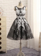 Black Tulle With White Lace Round Neckline Knee Length Homecoming Dress, Cute Prom Dresses