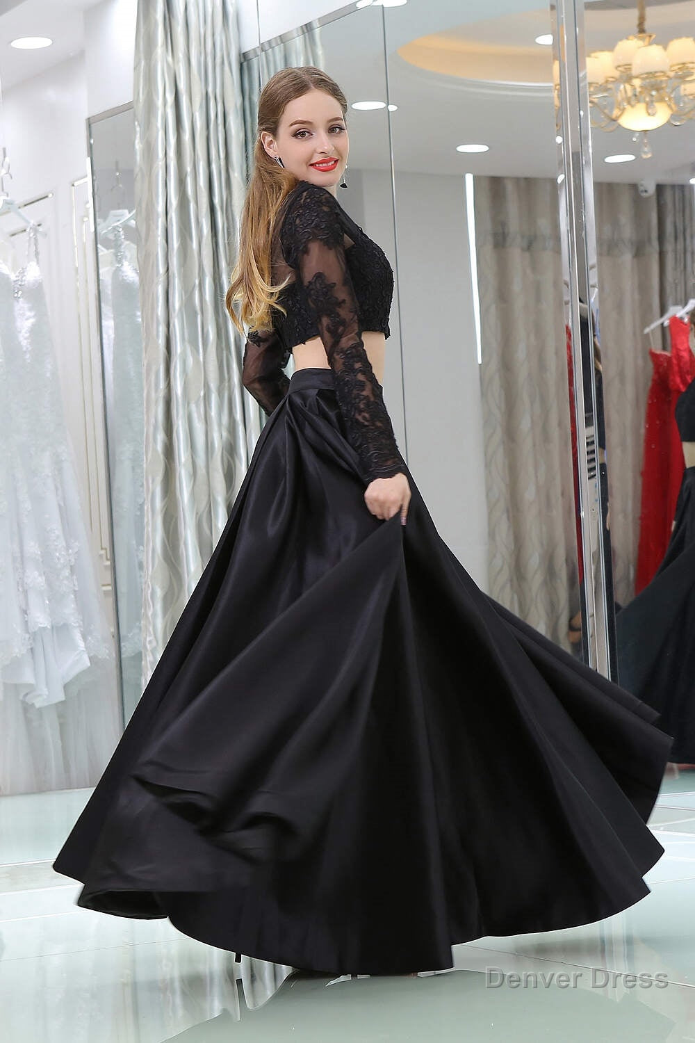 Black Two Piece Long Sleeve Floor Length Satin Prom Dresses with Lace Secondary image