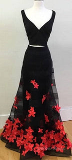Black Two Pieces Applique Long Prom Dresses, Black Evening Dresses