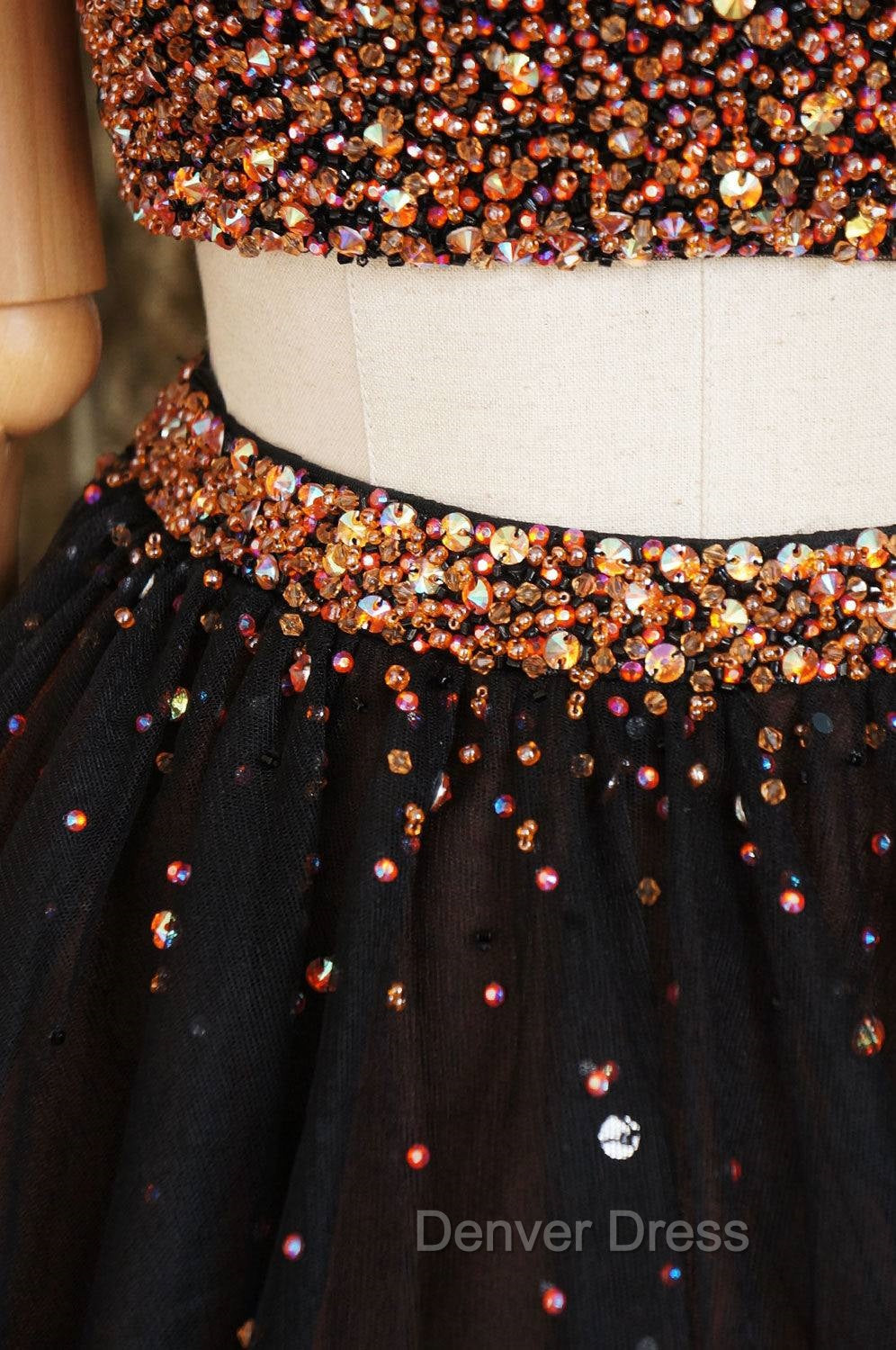 Black Two Pieces Beads Tulle Short Prom Dresses Black Homecoming Dresses