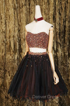 Black Two Pieces Beads Tulle Short Prom Dress Black Homecoming Dresses
