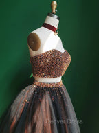 Black Two Pieces Beads Tulle Short Prom Dresses Black Homecoming Dresses