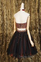 Black Two Pieces Beads Tulle Short Prom Dresses Black Homecoming Dresses