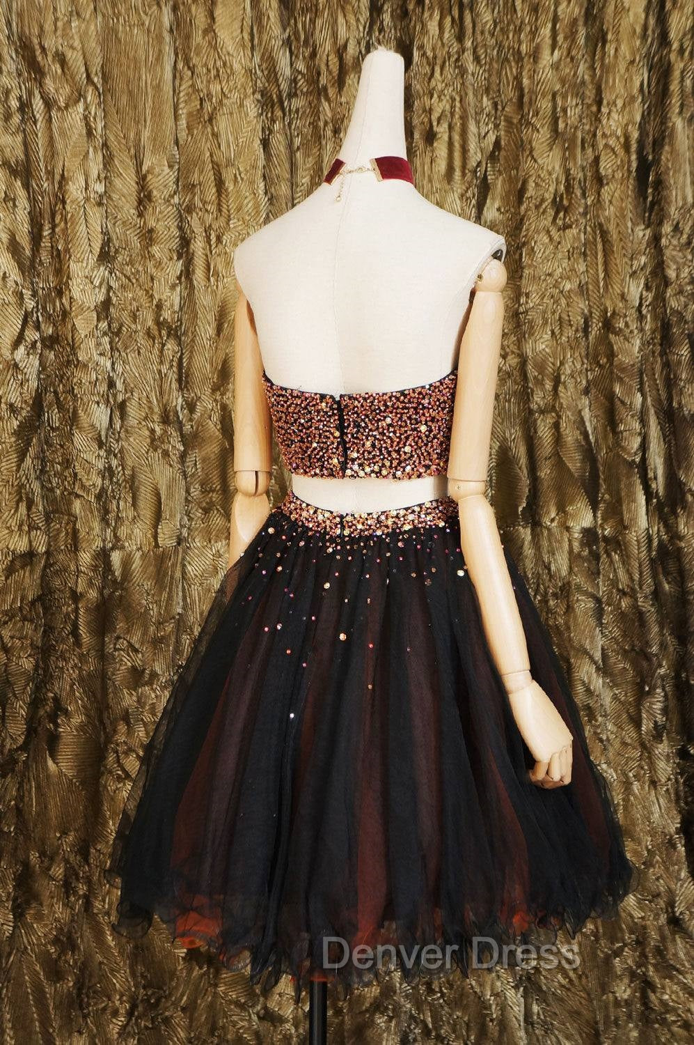 Black Two Pieces Beads Tulle Short Prom Dresses Black Homecoming Dresses