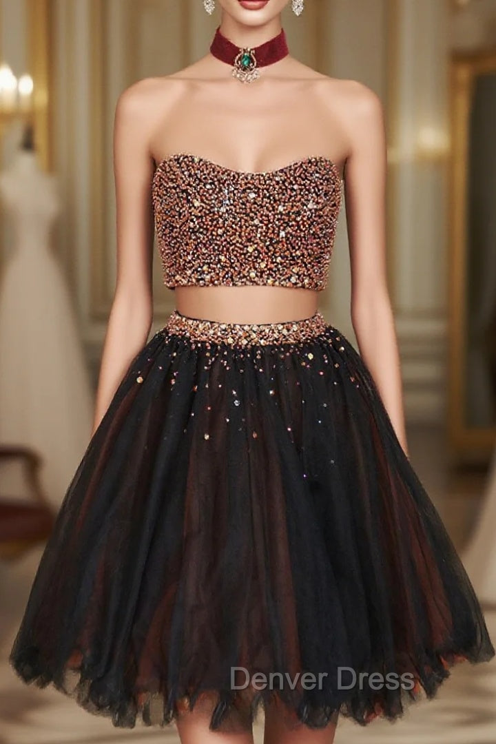 Black Two Pieces Beads Tulle Short Prom Dress Black Homecoming Dresses Main image
