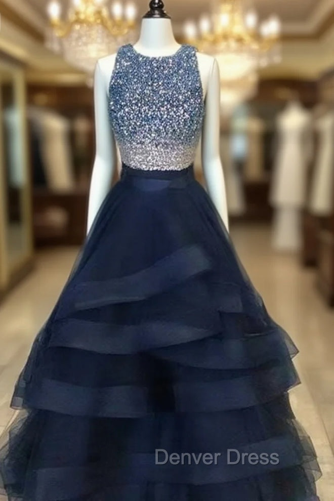 Black Two Pieces Sequin Long Prom Dresses, Black Evening Dresses Main image