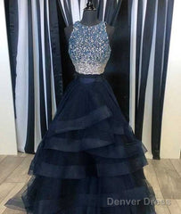 Black Two Pieces Sequin Long Prom Dress, Black Evening Dress
