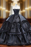 Black Unique Satin Strapless Pleats Ball Gown Prom Dresses