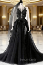 Black V Neck Backless Lace Prom Dresses, Open Back Black Lace Formal Graduation Dresses