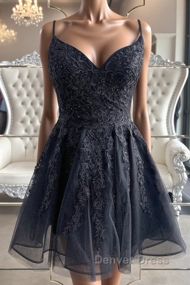 Black V Neck Backless Lace Short Prom Dresses, Backless Black Lace Homecoming Dresses, Black Lace Formal Evening Dresses