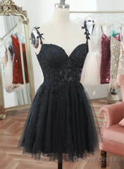 Black V Neck Beaded Tulle And Lace Prom Dress, Cute Black Homecoming Dress