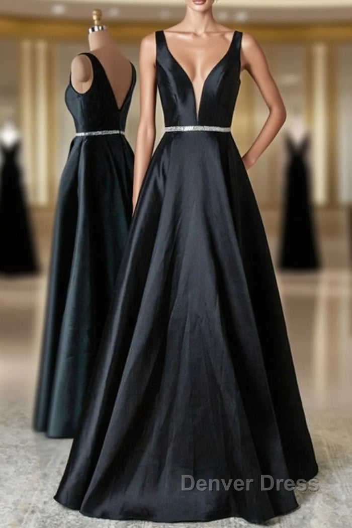 Black V Neck Beading Satin Prom Dresses Main image