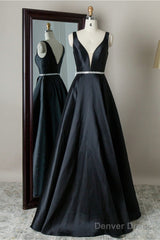 Black V Neck Beading Satin Prom Dress