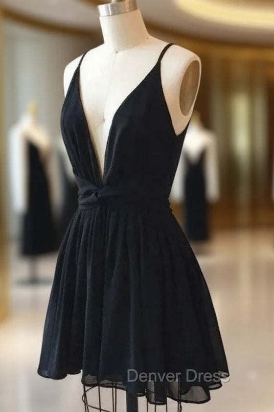 Black V Neck Chiffon Backless Homecoming Dresses