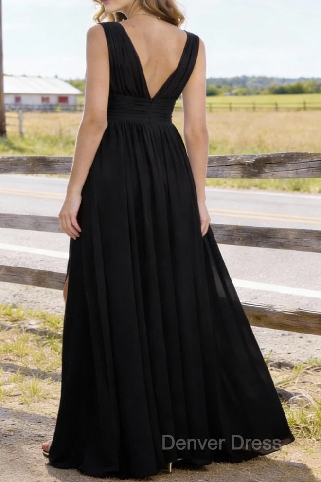 Black V Neck Chiffon Floor Length Prom Dress Long Prom Dresses With Pleated Split