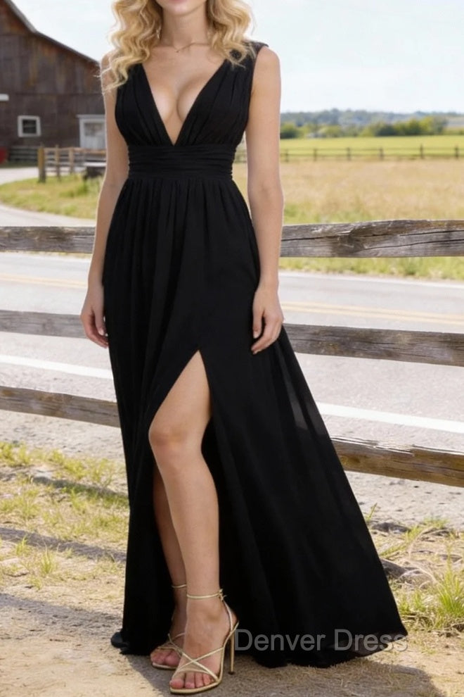 Black V Neck Chiffon Floor Length Prom Dress Long Prom Dresses With Pleated Split Main image