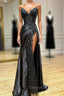 Black V-Neck Lace Long Formal Dresses, Black Spaghetti Strap Evening Gown with Leg Slits