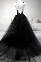 Black V Neck Lace Long Prom Dresses A Line Evening Dresses