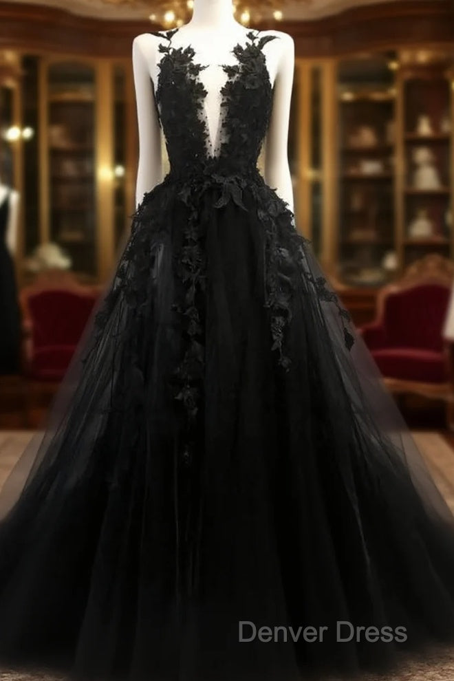 Black V Neck Lace Long Prom Dresses A Line Evening Dresses Main image