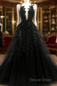 Black V Neck Lace Long Prom Dresses A Line Evening Dresses