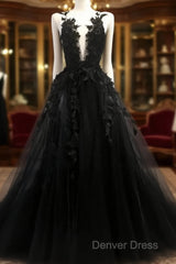 Black V Neck Lace Long Prom Dresses A Line Evening Dresses