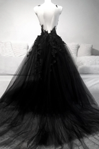 Black V Neck Lace Long Prom Dress A Line Prom Dresses