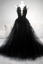 Black V Neck Lace Long Prom Dress A Line Prom Dresses